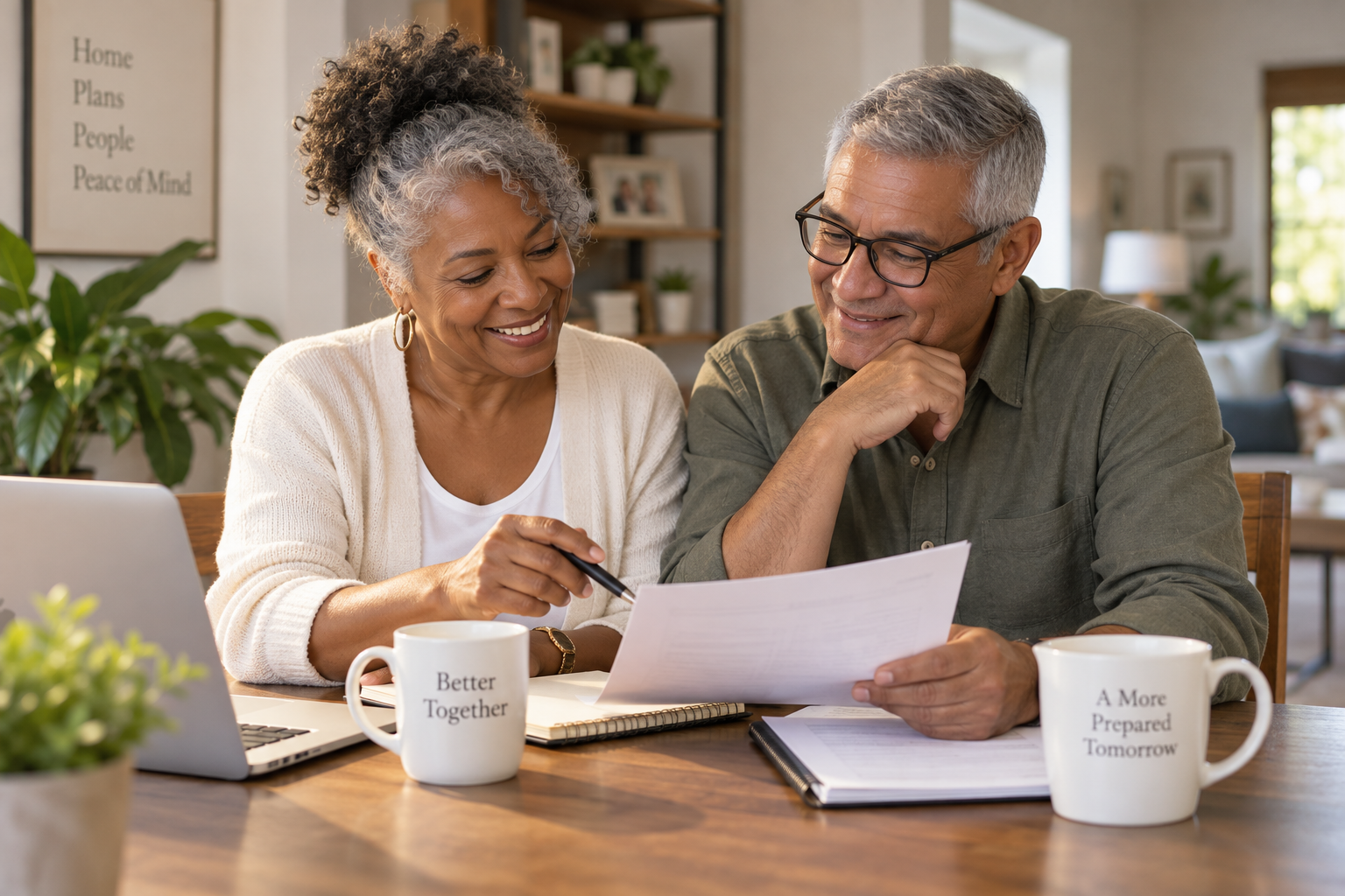 A couple reviewing household plans together at a kitchen table